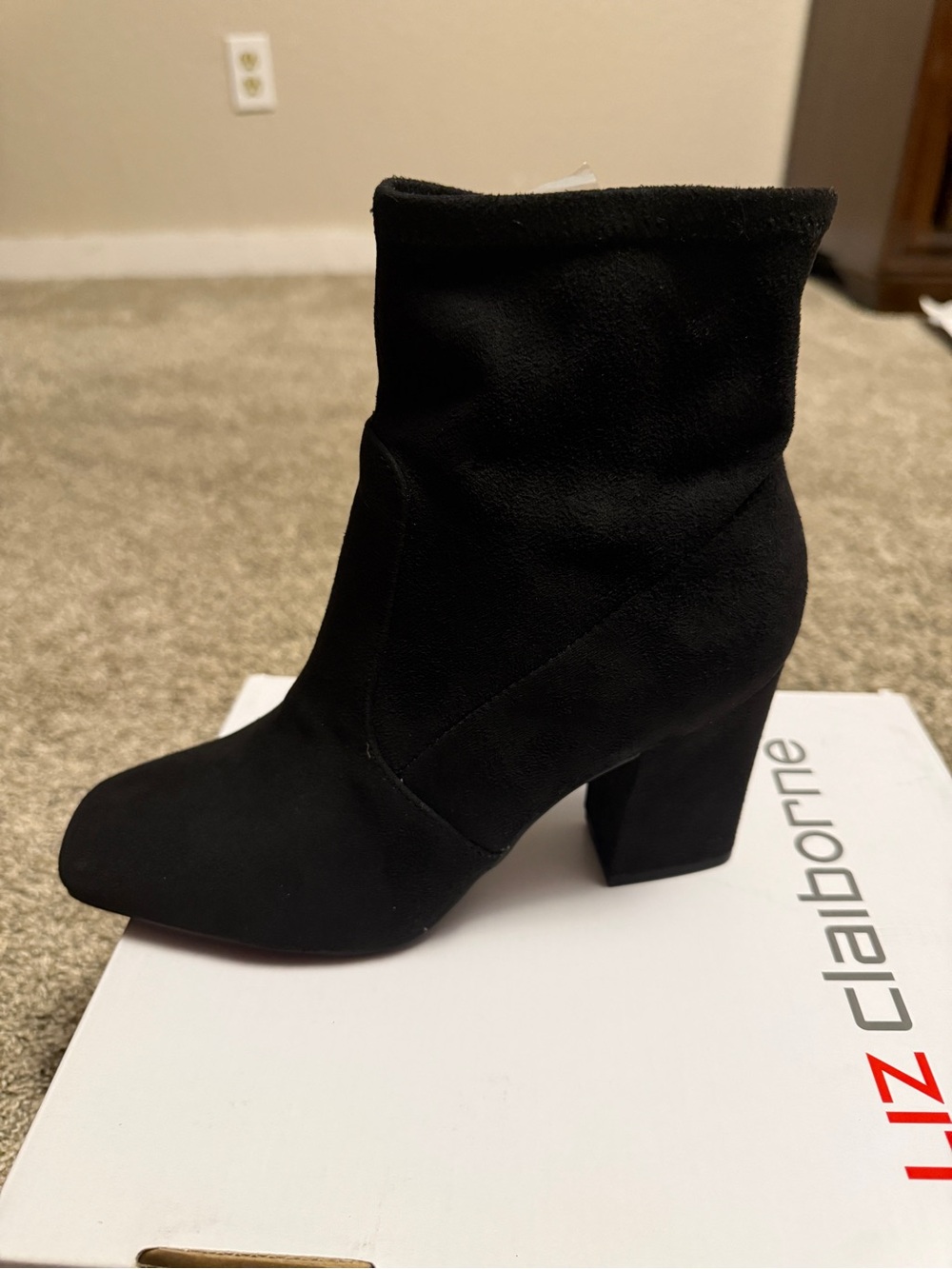 Liz Claiborne Black Suede-Look Block Heel Ankle Boots